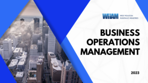 A modern, professional graphic design for a report or presentation cover titled 'BUSINESS OPERATIONS MANAGEMENT 2023.' The left side features an aerial view of a dense urban cityscape with skyscrapers, partially obscured by clouds or fog. The right side has a geometric blue overlay with white text. In the top right corner, the logo for 'WHAM - West Houston Assistance Ministries' is displayed, signifying the organization associated with the content.