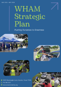 A promotional flyer for WHAM's Strategic Plan from May 2023 to May 2026. The top half of the flyer features the text 'WHAM Strategic Plan' in large yellow letters against a navy blue background, with a subtitle 'Pushing Ourselves to Greatness'. Below the text is a collage of images showing community outreach activities: volunteers in bright yellow vests handing out supplies to people in cars, setting up outdoor event areas, and working at what appears to be a food distribution drive. The contact information at the bottom in white text includes an address '10501 Meadowglen Lane, Houston, Texas 77042', a phone number '713.780.2727', and a website 'www.whamministries.org'. The overall design uses a blue and yellow color scheme, conveying an energetic and positive atmosphere